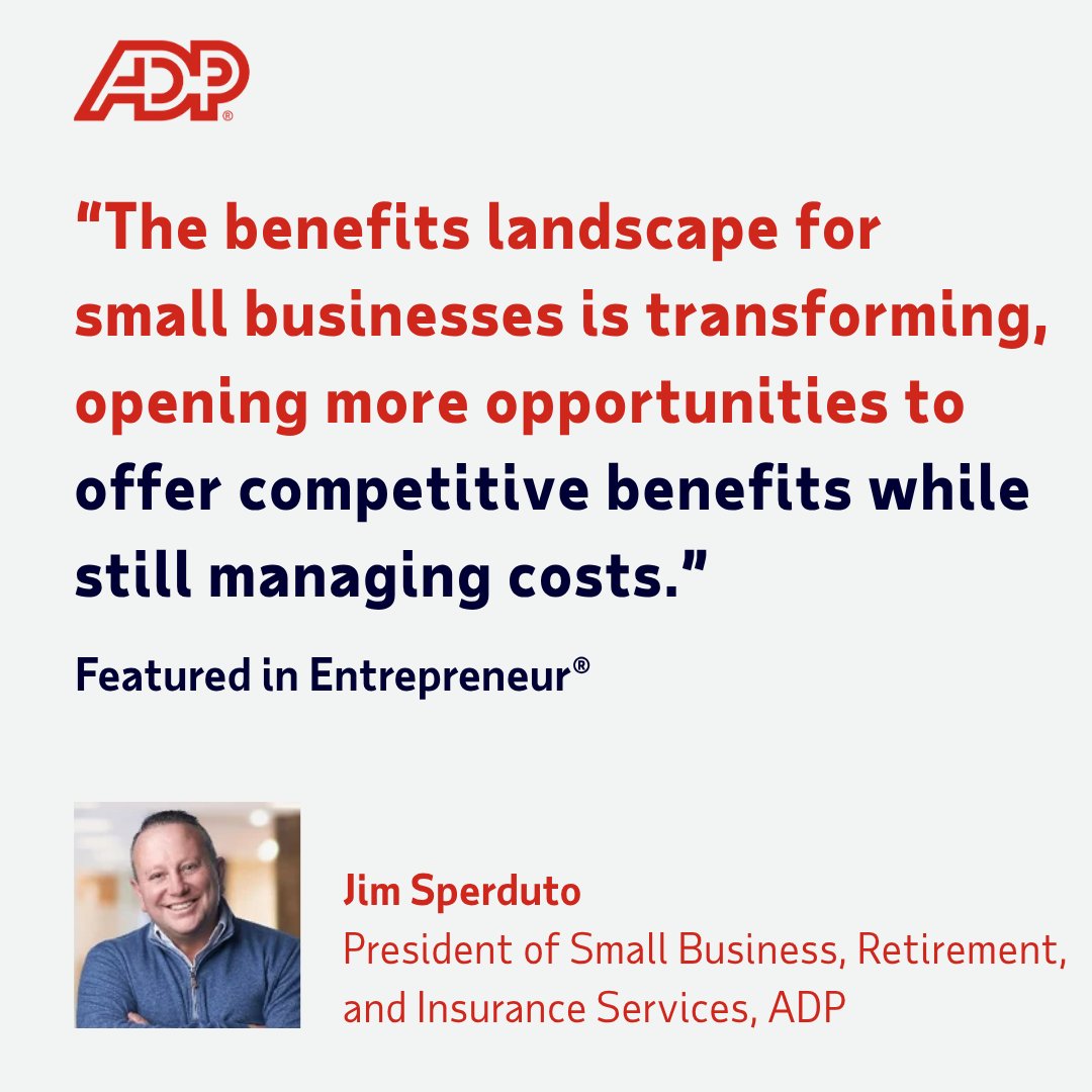 Standing out in the labor market can be challenging for small businesses. In his Entrepreneur article, ADP’s Jim Sperduto shares how a smart benefits strategy can help small businesses attract and retain top talent when competing with larger companies. bit.ly/4lmWehq