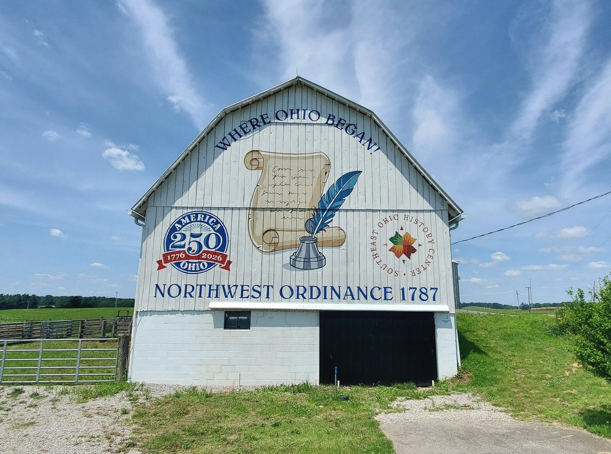 barnartist's tweet photo. 🌟 New Landmark Alert! 🌟 Driving along Rt. 7 near Coolville, Ohio? Check out the stunning new barn mural celebrating Athens County, "Where Ohio Began"! 🎨 Designed by David Browning of Browning Design for the America 250-Ohio Commission's 2026 semiquincentennial celebration. https://t.co/8NOWjfg1wY
