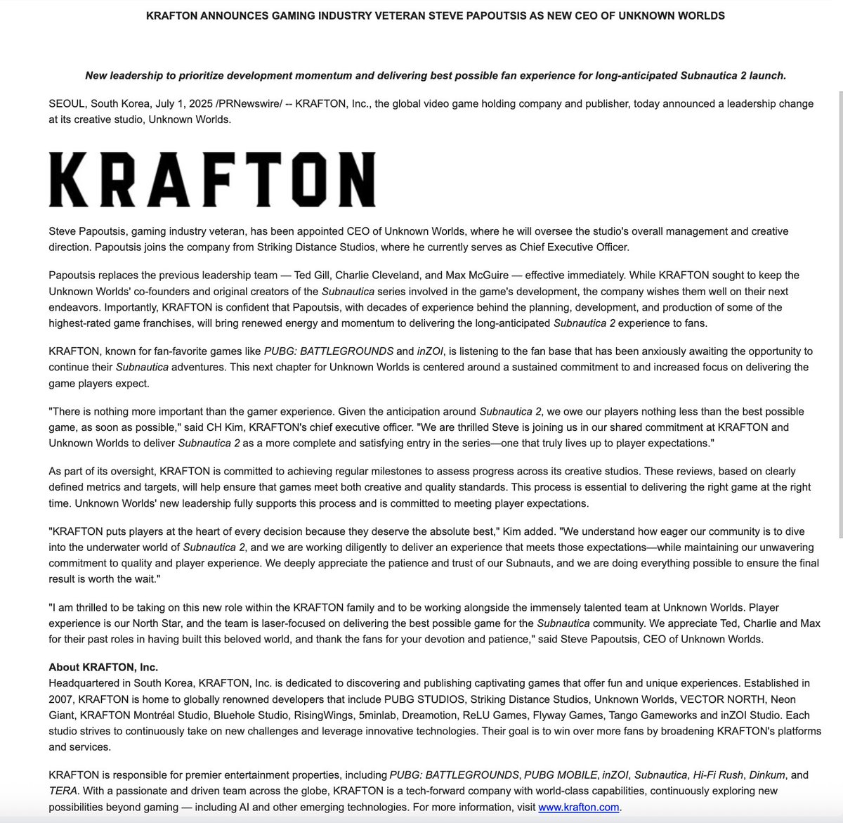 stephentotilo's tweet photo. Krafton says the leaders of Unknown Worlds (Subnautica 2) are out, replaced by Steve Papoutsis, who already runs their studio Striking Distance.  

Ted Gill, Charlie Cleveland and Max McGuire had some 50 years of combined tenure at Unknown Worlds https://t.co/0XxsppLVqN