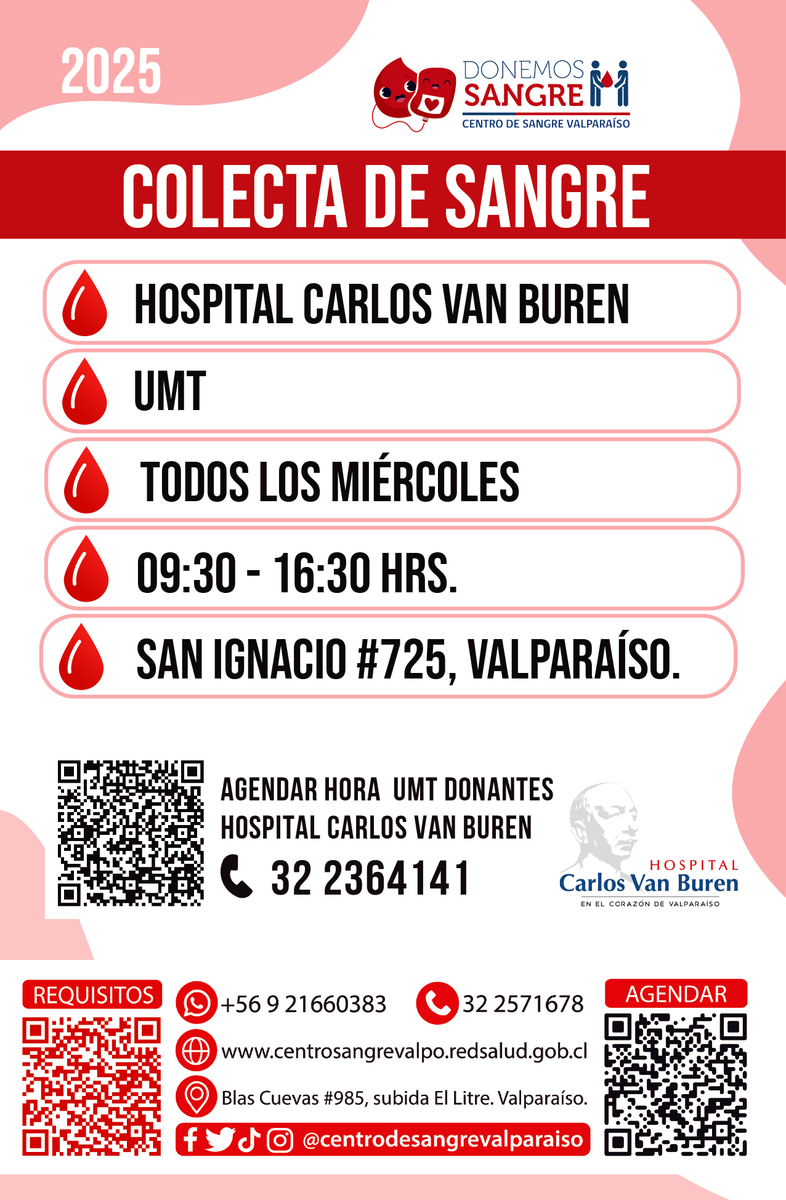 ¡Súmate a la colecta de sangre! 🩸 Este miércoles en el Hospital Carlos Van Buren, de 09:30 a 16:30 hrs. Agenda tu hora al +56 9 21660383. 🌟 ¡Dona vida, salva vidas! ❤️ #DonarEsVivir