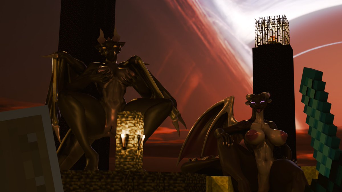 Old and new Jean, seeing if you want to try and leave the end or stay with them~

Ender Dragons made by: <a href="/da__nilkaz/">da.nilkaz ✨</a> 
Shield, sword, and map all found on sketchfab.

#nsfw #furry #dragon #minecraft #3dart #blender #nude