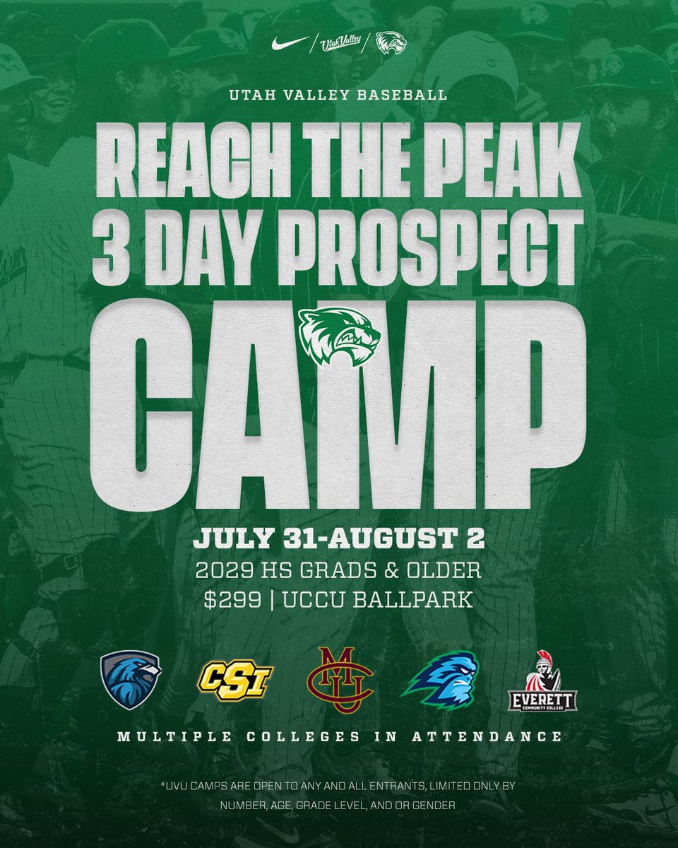 ‼️One Month Away‼️ 

Multiple College Programs in Attendance✅

Pro-Style Evaluation✅

Position Specific  Development✅

Movement Screenings ✅

Scrimmage Games✅

Reach The Peak 3 Day Prospect Camp is where it is all happening‼️ Register today at uvubaseballcamps.com