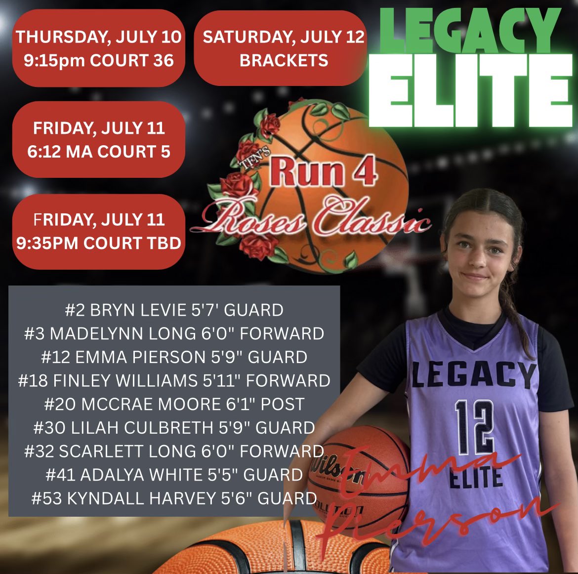 Emma Pierson (@emmajpierson) on Twitter photo Looking forward to competing with my Legacy Elite teammates at Run 4 the Roses in Louisville, KY on July 10th - 12th! <a href="/Texas29s/">Texas29s</a> <a href="/phoenixselect/">Phoenix Select</a> <a href="/TFNsRun4Roses/">TFN's Run 4 Roses</a>
<a href="/VandegriftGBB/">Vandegrift Girls Basketball</a> Looking forward to competing with my Legacy Elite teammates at Run 4 the Roses in Louisville, KY on July 10th - 12th! <a href="/Texas29s/">Texas29s</a> <a href="/phoenixselect/">Phoenix Select</a> <a href="/TFNsRun4Roses/">TFN's Run 4 Roses</a>
<a href="/VandegriftGBB/">Vandegrift Girls Basketball</a>