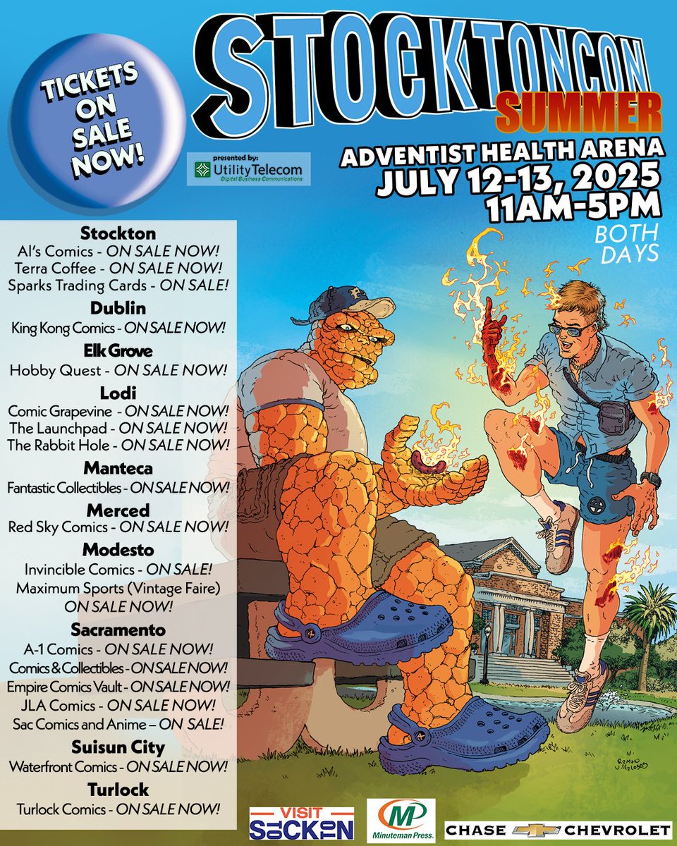 Check out all of our locations with 2-day pre-sale tickets - JUST $20 for StocktonCon Summer, presented by Utility Telecom on July 12-13 -- they are on sale until 5pm Friday, July 11th.