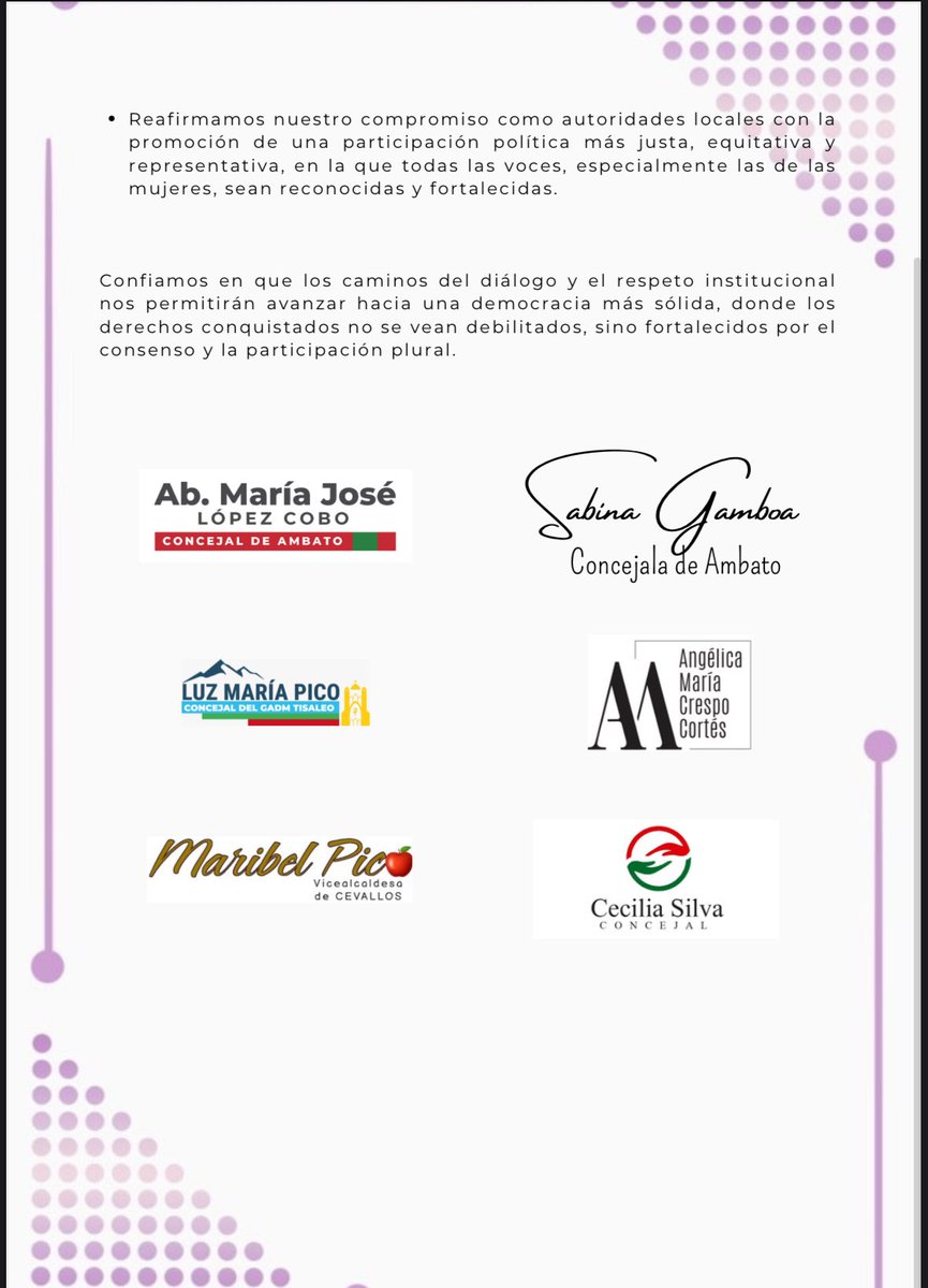 ¡Alzamos la voz por la paridad! 
Las mujeres de Tungurahua expresamos nuestra preocupación frente a la reforma del Cód de la Democracia, que elimina la alternancia de género en las elecciones uninominales.
Esta decisión es un retroceso en la lucha por una democracia justa.