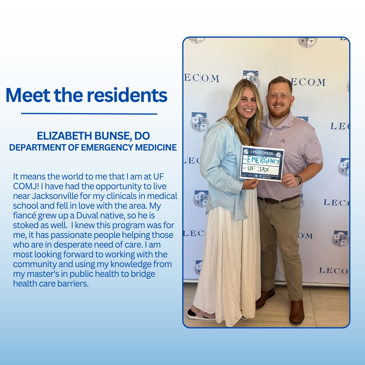 UFMedicineJax's tweet image. Have you enjoyed our spotlights so far? As new residents end their first day on campus, we would like to introduce you to Elizabeth Bunse, DO, an incoming resident in the department of emergency medicine. Best wishes in the next phase of your medical training.