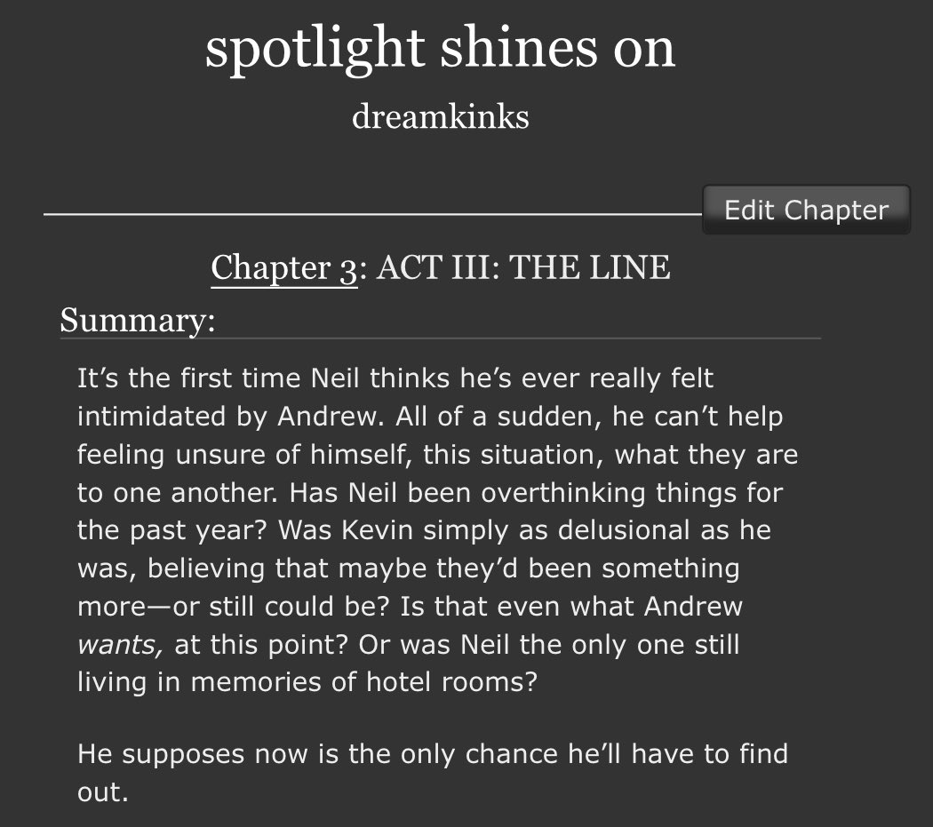spotlight shines on | ACT III: THE LINE
♡ → archiveofourown.org/works/66204598…

✴︎ chapter 3/3: welcome to the finale
✴︎ even MORE tags!  
✴︎ 🔞
✴︎ 20.1k
✴︎ curtain’s closed! i hope you’ve perfected your bow

#andreil #aftg