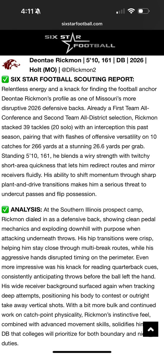 Deontae Rickmon (@drickmon2) on Twitter photo Thank you <a href="/sixstarfootball/">Six Star Football | PLUS+</a> for the write up from <a href="/SIU_Football/">Saluki Football</a> !
<a href="/HoltFB/">Holt Football</a> <a href="/RecruitHoltFB/">HOLT FOOTBALL RECRUITING</a> <a href="/NationHolt/">Holt Indian Nation</a> <a href="/EthanPlace8541/">Coach Ethan Place</a> <a href="/5pAcademy/">5P/Pierre Desir 7v7 Football</a> <a href="/pierre_desir/">Pierre Desir</a> <a href="/JPRockMO/">JP Rock</a> <a href="/GSV_STL/">Gateway Sports Venue</a> <a href="/GatewayGrid/">Gateway Gridiron</a> <a href="/mwfbrecruiting/">Midwest Football Recruiting</a> <a href="/MidRecruiting/">Prep āFootballā Mid Missouri Recruiting</a> <a href="/6starfootballMO/">Six Star Football | MISSOURI</a> <a href="/PrepRedzoneMO/">Prep Redzone Missouri</a> Thank you <a href="/sixstarfootball/">Six Star Football | PLUS+</a> for the write up from <a href="/SIU_Football/">Saluki Football</a> !
<a href="/HoltFB/">Holt Football</a> <a href="/RecruitHoltFB/">HOLT FOOTBALL RECRUITING</a> <a href="/NationHolt/">Holt Indian Nation</a> <a href="/EthanPlace8541/">Coach Ethan Place</a> <a href="/5pAcademy/">5P/Pierre Desir 7v7 Football</a> <a href="/pierre_desir/">Pierre Desir</a> <a href="/JPRockMO/">JP Rock</a> <a href="/GSV_STL/">Gateway Sports Venue</a> <a href="/GatewayGrid/">Gateway Gridiron</a> <a href="/mwfbrecruiting/">Midwest Football Recruiting</a> <a href="/MidRecruiting/">Prep āFootballā Mid Missouri Recruiting</a> <a href="/6starfootballMO/">Six Star Football | MISSOURI</a> <a href="/PrepRedzoneMO/">Prep Redzone Missouri</a>