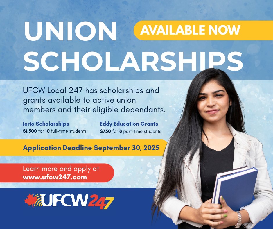 We are so proud to support UFCW Local 247 members and their dependants through our Iorio Scholarships and Eddy Education Grants. 

All UFCW Local 247 members are welcome to apply!

#UFCW247 #UFCW #UFCWCanada