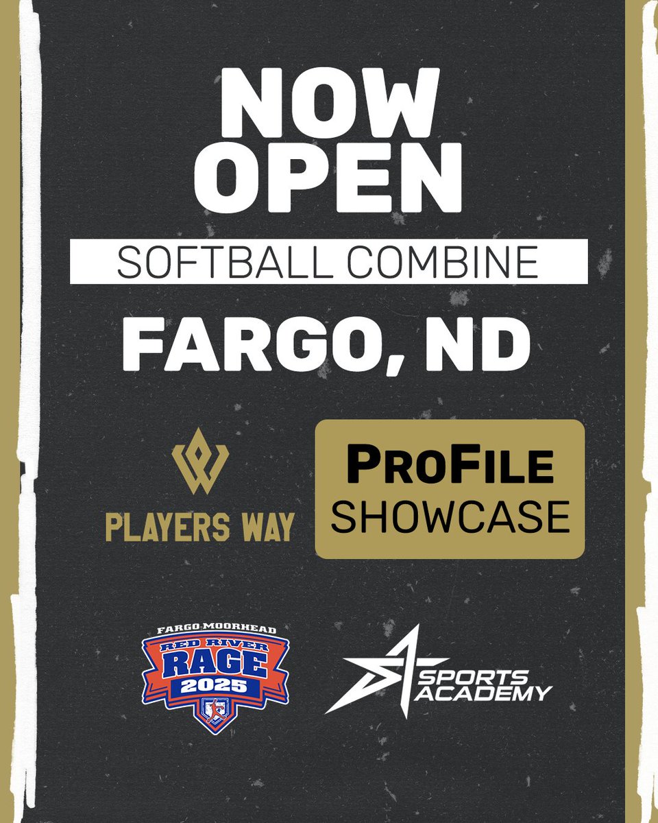 NOW OPEN: ProFile Softball Combine – Fargo, ND 🥎Grad Years 2026–2034 | Ages 9–18

📍 North Softball Complex, Fargo, ND
🗓️ July 18, 2025 | 9:30AM–1:00PM CST
🔗 Register: bit.ly/ProFileShowcas…

⚡️ Powered by Red River Rage, @theplayersway and <a href="/sportsxacademy/">Sports Academy</a> 

#SoftballCombine