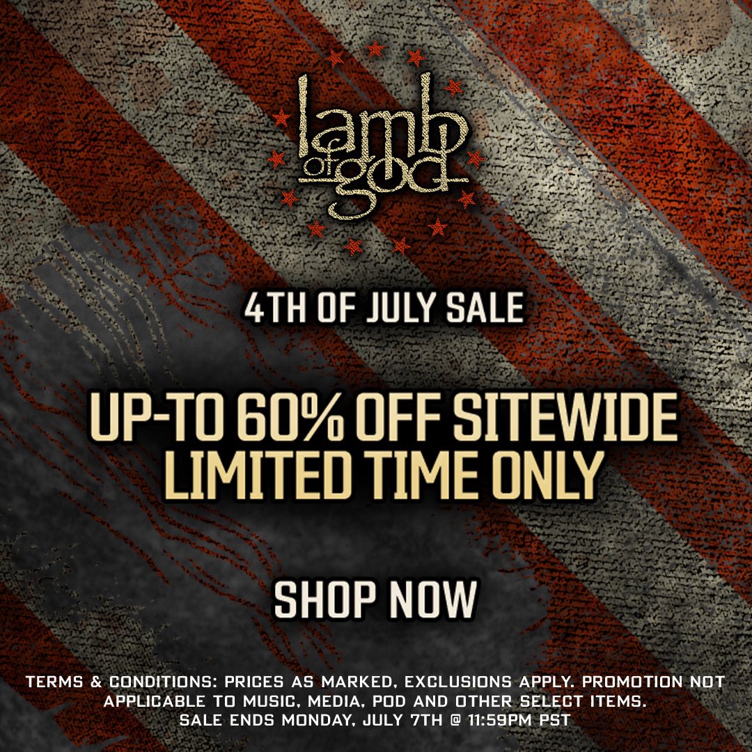 lambofgod's tweet image. Celebrate the 4th with up to 60% OFF Lamb of God gear — now through July 7th at lambofgod.store/4thofjuly