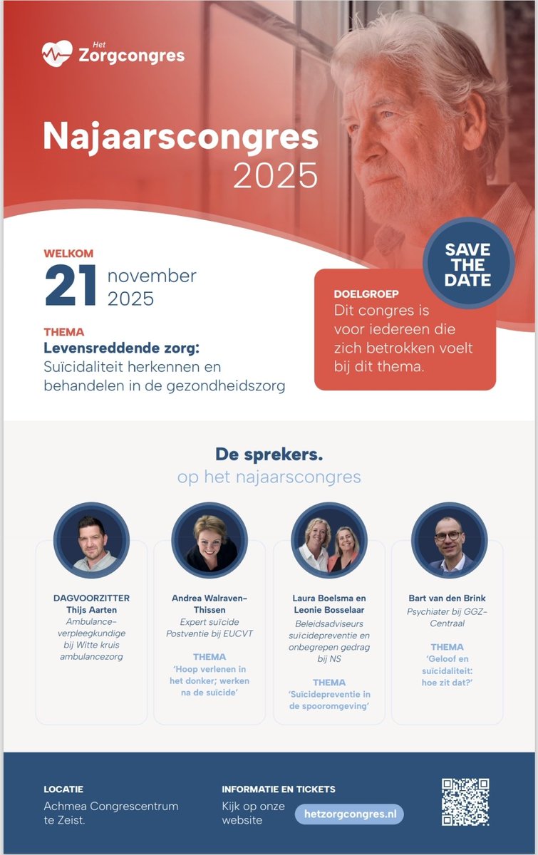 Levensreddende zorg:
Suïcidaliteit herkennen en behandelen in de gezondheidszorg
​​​​​​​
Zorgprofessionals komen in uiteenlopende werkvelden in aanraking met suïcidaliteit.
Voor meer info en aanmelden: hetzorgcongres.nl/najaarscongres