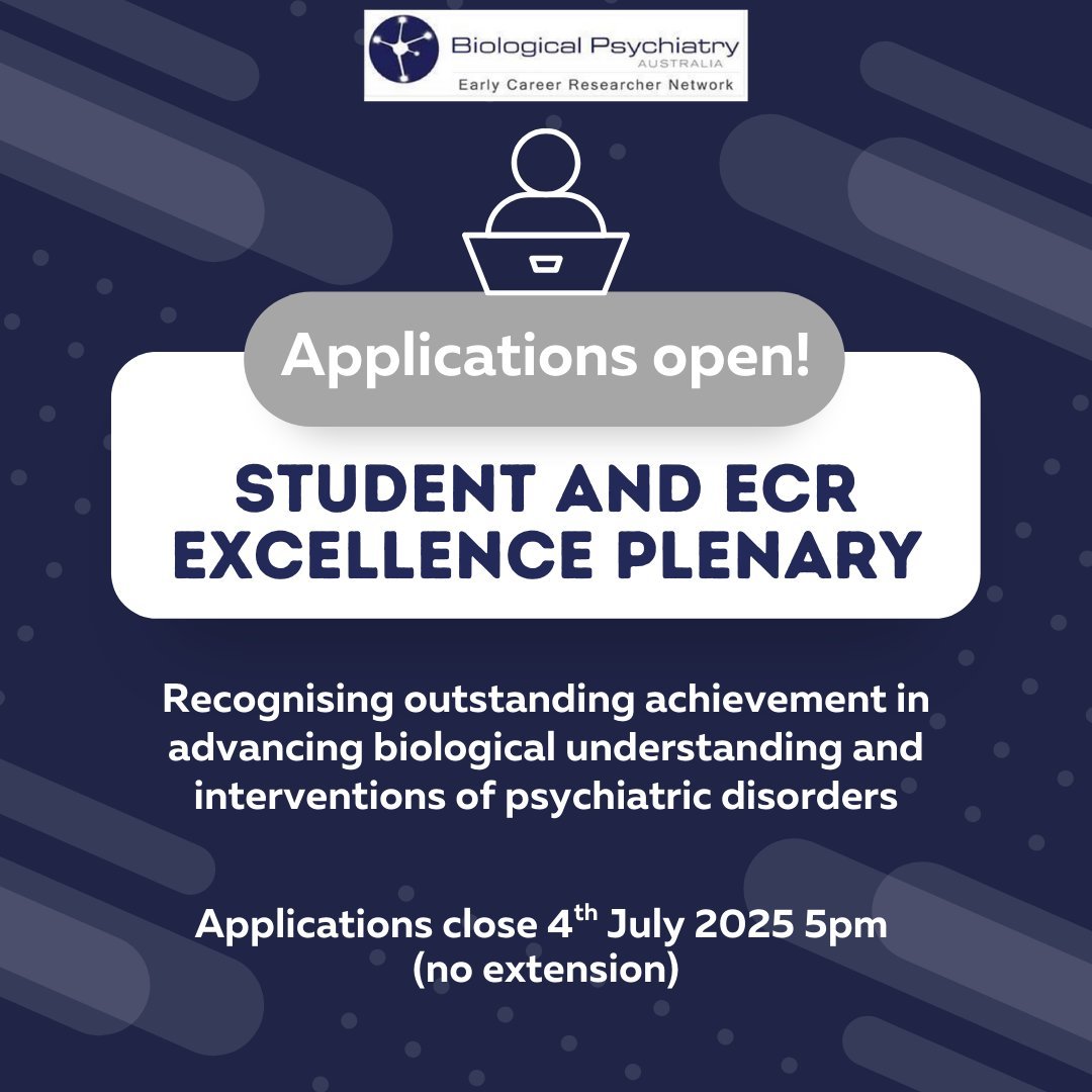 BPA_ECRN's tweet image. ‼️REMINDER ‼️
BPA ECRN Student and ECR Excellence Plenary applications close this week ⌛️⌛️
Don't miss out on this fantastic opportunity to present a plenary lecture at BPA 2025 🧠
Check out the link below for more info:
biolpsychaustralia.com.au/ecrn/
