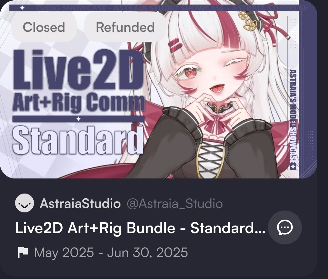 Vamrela🌧️🌪️ (@vamrela) on Twitter photo So, I think it's about time for me to address this...🧵
I was (s)cammed by <a href="/Astraia_Studio/">Astraia Live2D Studio | Commission Open</a>, along with many others. I put in a request during one of their sales. It took months for them to get back to me, but I chalked it up to being busy and their excuse of broken equipment. So, I think it's about time for me to address this...🧵
I was (s)cammed by <a href="/Astraia_Studio/">Astraia Live2D Studio | Commission Open</a>, along with many others. I put in a request during one of their sales. It took months for them to get back to me, but I chalked it up to being busy and their excuse of broken equipment.