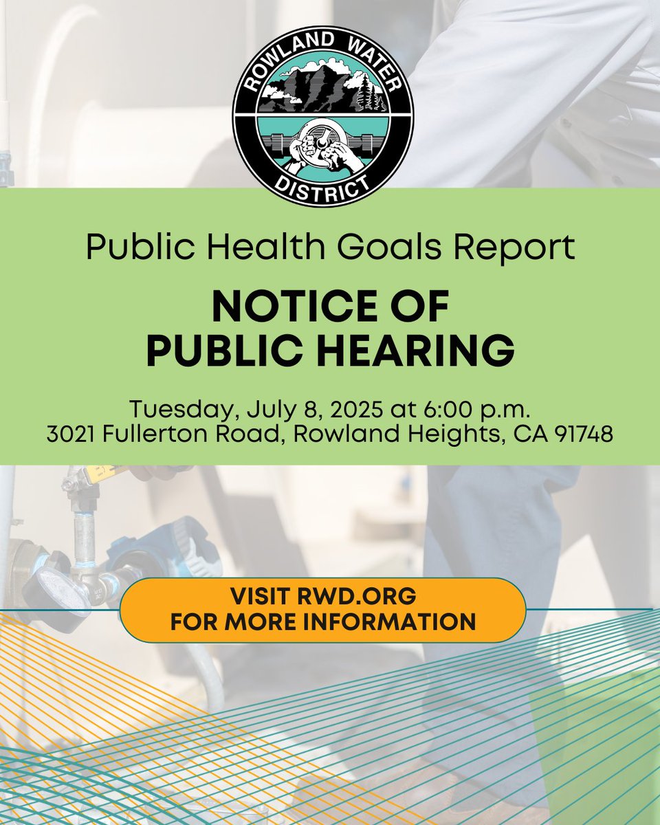📣Public Hearing Notice - RWD Board of Directors will hold a public hearing to receive comments on the District’s FY 2022-2024 Public Health Goals Report.   

📅Date: July 8, 2025 
⏲️Time: 6:00 p.m. 
📍Location: 3021 Fullerton Road, Rowland Heights, CA 91748 

To view the Public