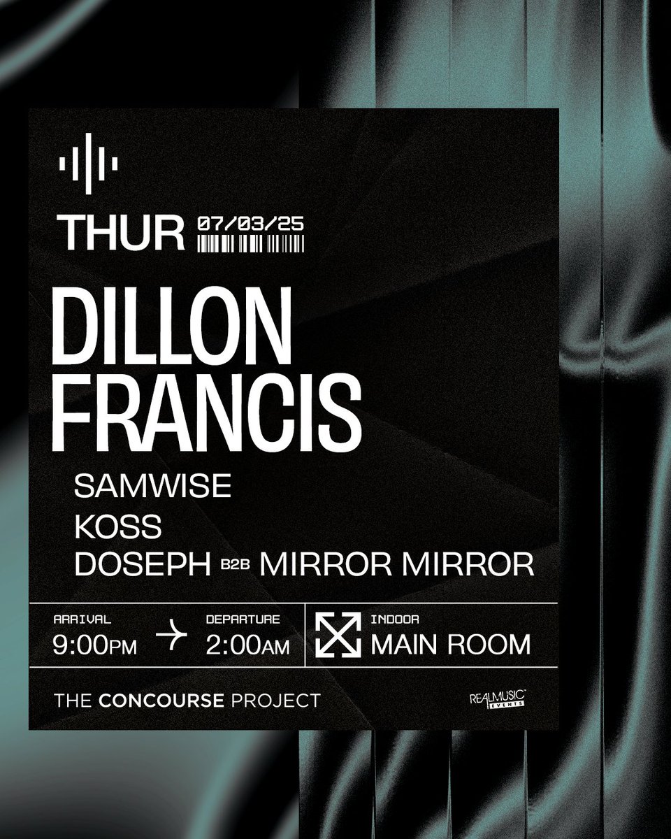 The Concourse Project (@concourseproj) on Twitter photo Clubs goin’ uppp on a Thursday 🥳
Catch <a href="/DillonFrancis/">dillonfrancis</a> in Austin with support from local selectors Samwise, Koss, and Doseph b2b Mirror Mirror 👏
LIMITED TICKETS REMAIN ⚠️
Get yours now → concourseproject.com Clubs goin’ uppp on a Thursday 🥳
Catch <a href="/DillonFrancis/">dillonfrancis</a> in Austin with support from local selectors Samwise, Koss, and Doseph b2b Mirror Mirror 👏
LIMITED TICKETS REMAIN ⚠️
Get yours now → concourseproject.com