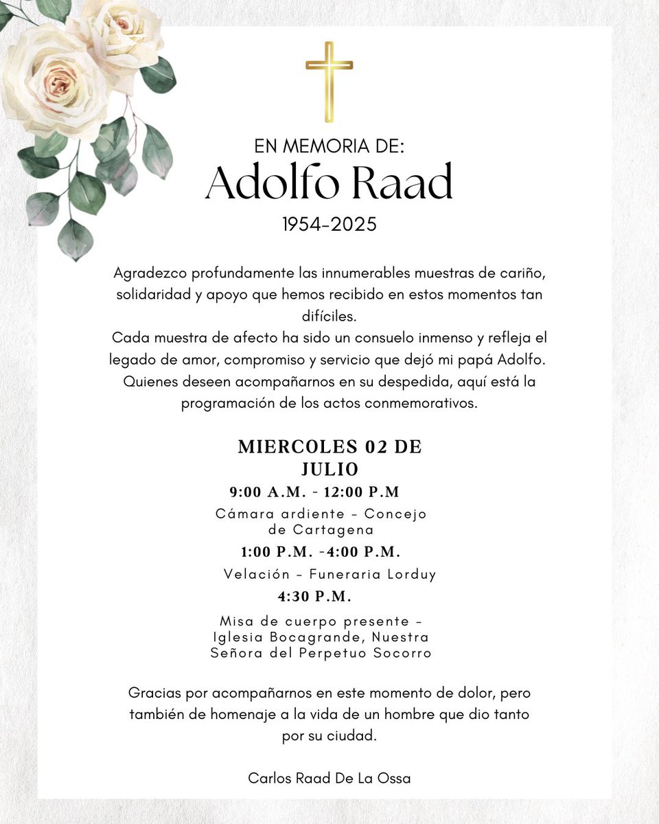 Agradezco profundamente cada palabra, abrazo y muestra de cariño que hemos recibido en estos días tan difíciles.

Mi papá, Adolfo, fue un hombre que sirvió con amor y compromiso a su ciudad, y verlo recordado con tanto afecto nos da fuerza en medio del dolor.

Quienes deseen