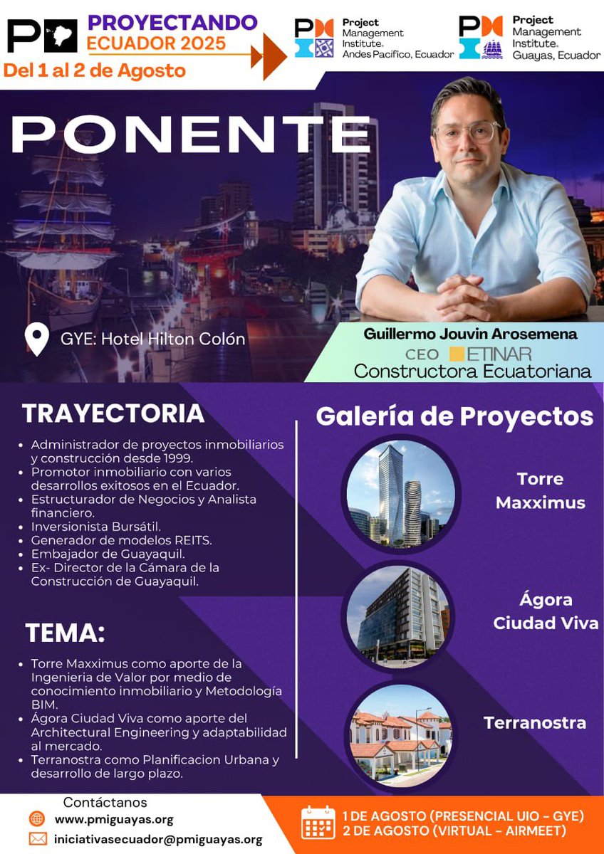 🏗️ ¡Confirmado!
 Guillermo Jouvin Arosemena, CEO de <a href="/EtinarEc/">Etinar</a> estará en PROYECTANDO ECUADOR 2025, donde nos compartirá su experiencia en proyectos que transforman al país.

📍 1 de agosto | Presencial en Guayaquil
💻 2 de agosto | Virtual

🔗 pmiguayas.org/eventos/proyec…