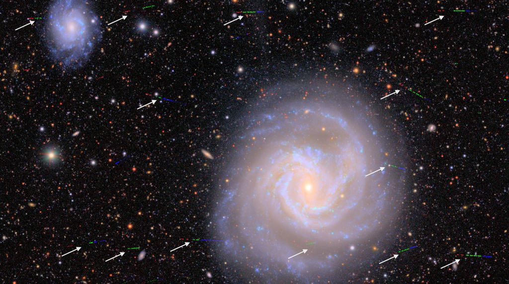 Asteroids appear to move against the background of stars and galaxies from our perspective on Earth, which is why they appear as multi-colored streaks in this image made from about 10 hours of observing over seven nights.🔭