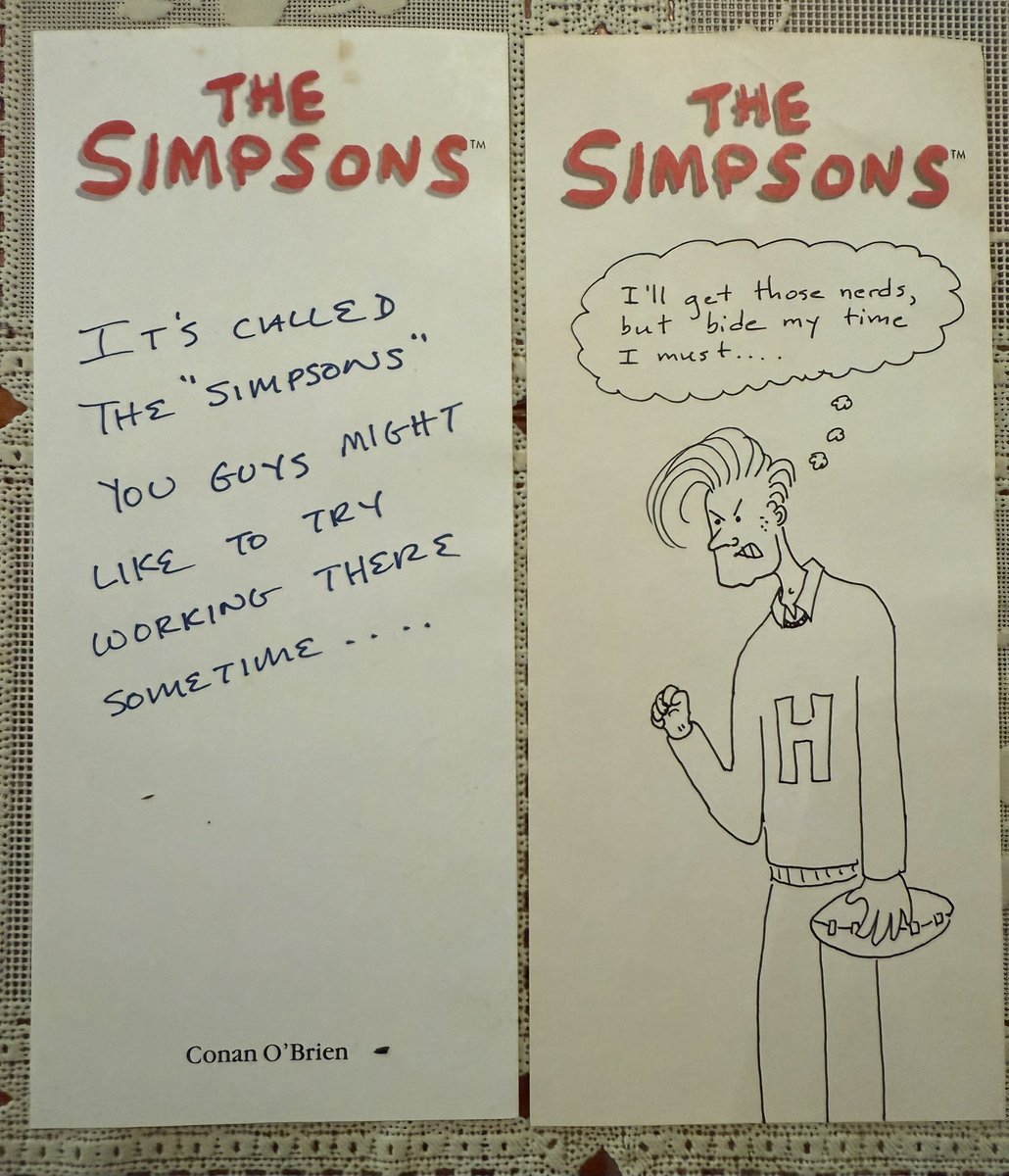 Joshstrangehill's tweet image. Going through a box of old Simpsons stuff and just found these two notes left by Conan on our office door when we weren't there.
I believe these are from that forgotten, kinda crazy time between Seasons 4 & 5 when we, Conan and Dan McGrath were the only writers for a few months!