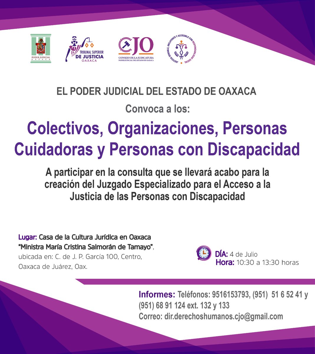 El PJEO convoca a los Colectivos, Organizaciones, Personas Cuidadoras y Personas con Discapacidad a participar en la consulta que se llevará a cabo para la creación del Juzgado Especializado para el Acceso a la Justicia de las Personas con Discapacidad.
🗓️ 4 de julio
⏰ 10:30 h.