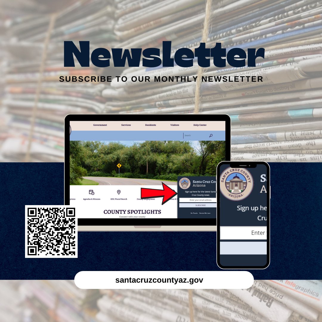 Stay informed and connected with Santa Cruz County!
Sign up to receive our latest news, important updates, and community announcements straight to your inbox.

Check out the July 2025 Newsletter here:
content.govdelivery.com/accounts/AZSAN…

Sign up on our website, santacruzcountyaz.gov