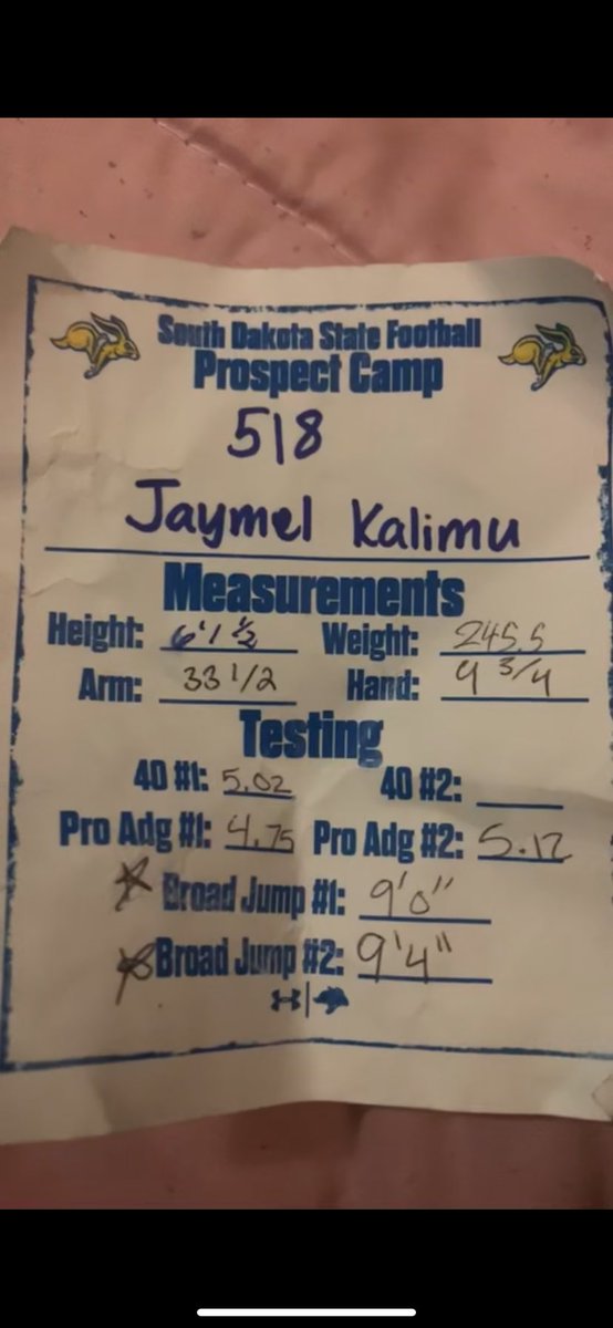 Jaymel Kalimu (@jaykali777) on Twitter photo Thanks for the write ups <a href="/OJW_Scouting/">PrepRedzone Oliver</a>, And here are my numbers from <a href="/GoJacksFB/">SDSU Football</a> camp. Thanks for the write ups <a href="/OJW_Scouting/">PrepRedzone Oliver</a>, And here are my numbers from <a href="/GoJacksFB/">SDSU Football</a> camp.