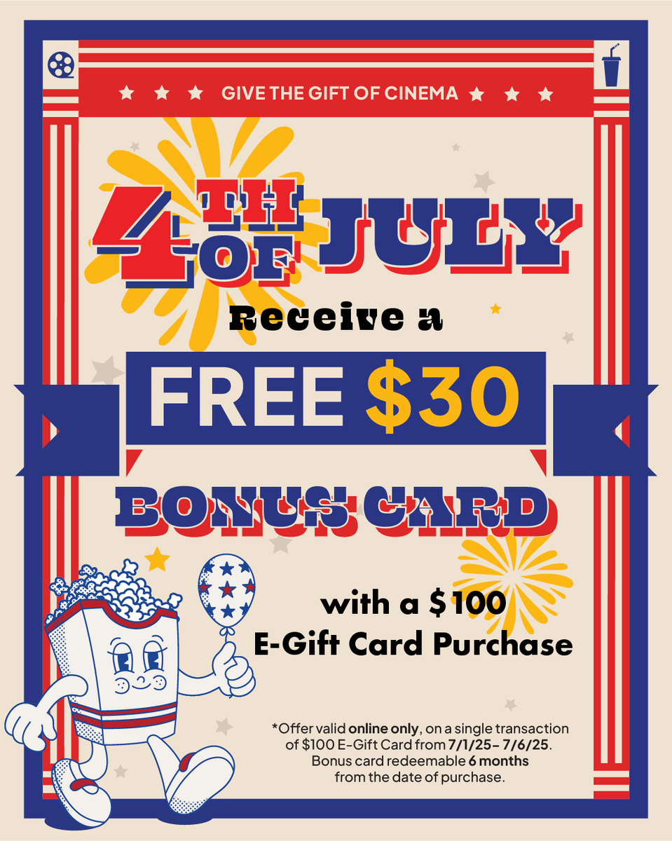 Beat the heat this summer at the movies! ☀️ This 4th of July, receive a free $30 bonus card when you purchase a $100 e-gift card on our website, available online now (7/1) through Sunday, July 6!    readingcinemas.com