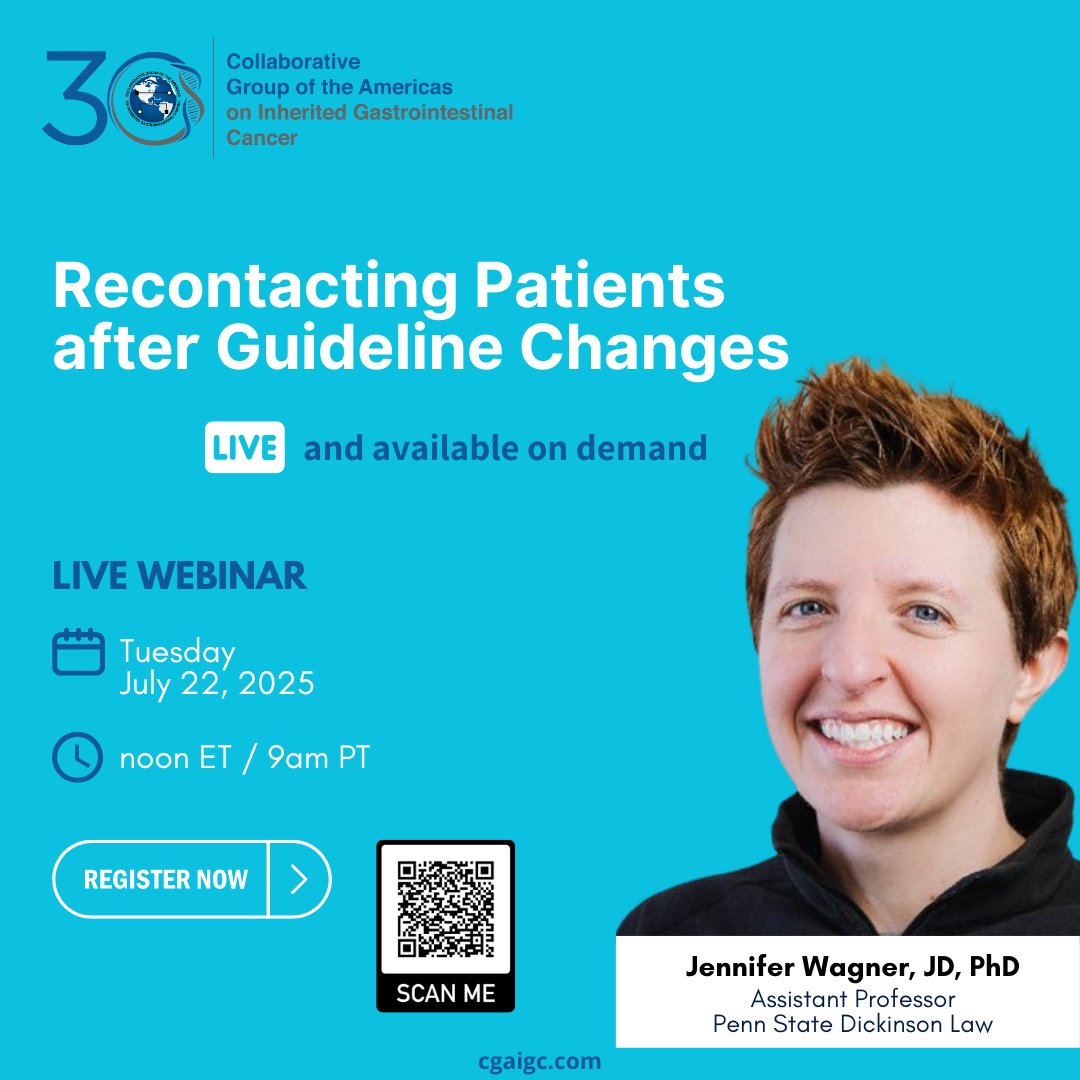CGAIGC's tweet image. 📢Save the date & register!
📅 Webinar 4: "Recontacting Patients After Guideline Changes"
🗓️ Tuesday, July 22, 2025 | 12 PM ET / 9 AM PT
👉 Register: cgaigc.com/webinars
➡️If you care for individuals with #HereditaryGICancer syndromes, this timely session is for you.…