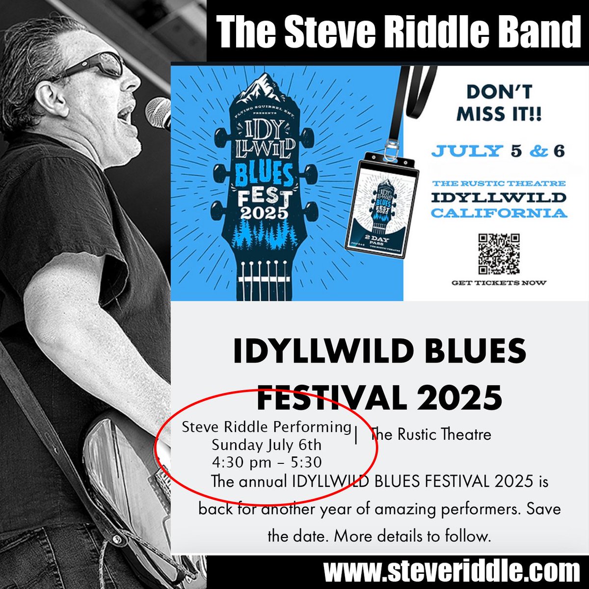 SteveRiddle_'s tweet photo. Hey friends this weekend we will be performing at the Idyllwild Blues Festival Sunday July 6th at 4:30 pm. This will be a fantastic event with many friends also performing. Get your tickets now

#bluesfestival #idyllwild #steveriddle #steveriddleband #livemusic #socal https://t.co/KaCECI2RlC