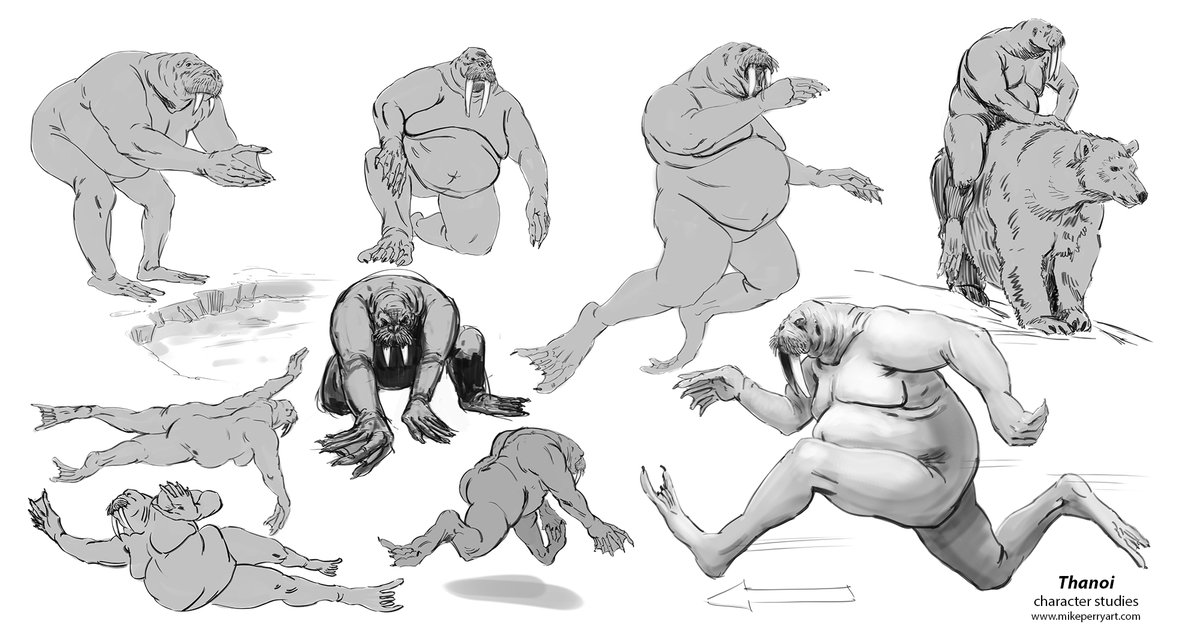 More Thanoi drawings. I wanted to explore how this creature moves and swims to understand it better. I don't think it would be fast on land and always close to water.  It can't make a fist so it would strike with slaps, claws and hammer blows.  How would  it subjugate bears ?