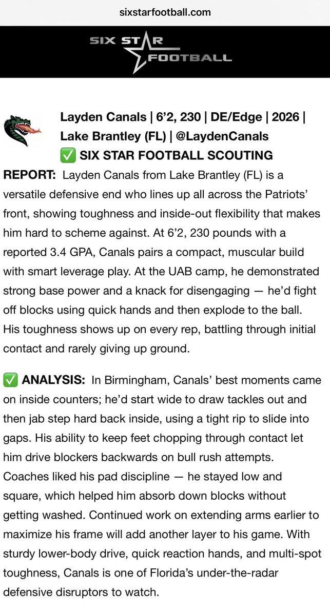 Layden Canals #42 (@laydencanals) on Twitter photo Appreciate <a href="/sixstarfootball/">Six Star Football | PLUS+</a> for the write up! 👀 <a href="/UAB_FB/">UAB Football</a> <a href="/UAB_Athletics/">UAB Athletics</a>
<a href="/Coach_Kruz/">Garrett Kruczek</a> , <a href="/SackChaser_U/">$ackChaser University</a> , <a href="/LBHSfootball/">Brantley Football</a> , @Any_Villamarzo
<a href="/OS_ChrisHays/">Chris Hays</a> , <a href="/CenFLAPreps/">Central Florida Preps</a>
<a href="/PrepRedzoneFL/">Prep Redzone Florida</a> , <a href="/NP_Florida/">Chad Jamison</a> Appreciate <a href="/sixstarfootball/">Six Star Football | PLUS+</a> for the write up! 👀 <a href="/UAB_FB/">UAB Football</a> <a href="/UAB_Athletics/">UAB Athletics</a>
<a href="/Coach_Kruz/">Garrett Kruczek</a> , <a href="/SackChaser_U/">$ackChaser University</a> , <a href="/LBHSfootball/">Brantley Football</a> , @Any_Villamarzo
<a href="/OS_ChrisHays/">Chris Hays</a> , <a href="/CenFLAPreps/">Central Florida Preps</a>
<a href="/PrepRedzoneFL/">Prep Redzone Florida</a> , <a href="/NP_Florida/">Chad Jamison</a>