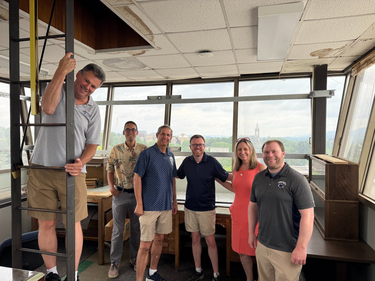 WeatherWorldPSU's tweet image. The Weather & Climate Comm Group took a field trip to the former weather station of @psumeteo in the tower atop Deike Building today! This was used in the 1960s & 70s before the Walker Building was built in 1976. Plenty of history & some pretty great views up here! @PSUEMS