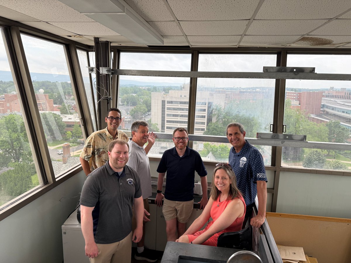 WeatherWorldPSU's tweet image. The Weather & Climate Comm Group took a field trip to the former weather station of @psumeteo in the tower atop Deike Building today! This was used in the 1960s & 70s before the Walker Building was built in 1976. Plenty of history & some pretty great views up here! @PSUEMS