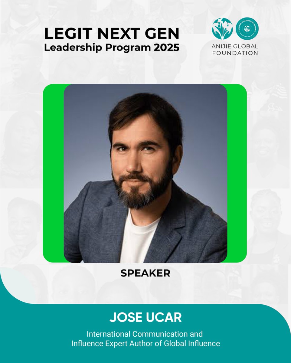 AnijieGlobal's tweet image. Our next #LEGITNGL Speaker ๐ค
Meet Jose Ucar- Communication & Influence Expert!
Speaking on "Finding Your Voice:
Communication Strategies for Change"
Game-changing skills for changemakers! ๐ช
#AnijieGlobalFoundation
#LEGITLeader #YouthLeadership #CommunicationSkills #Ghana
