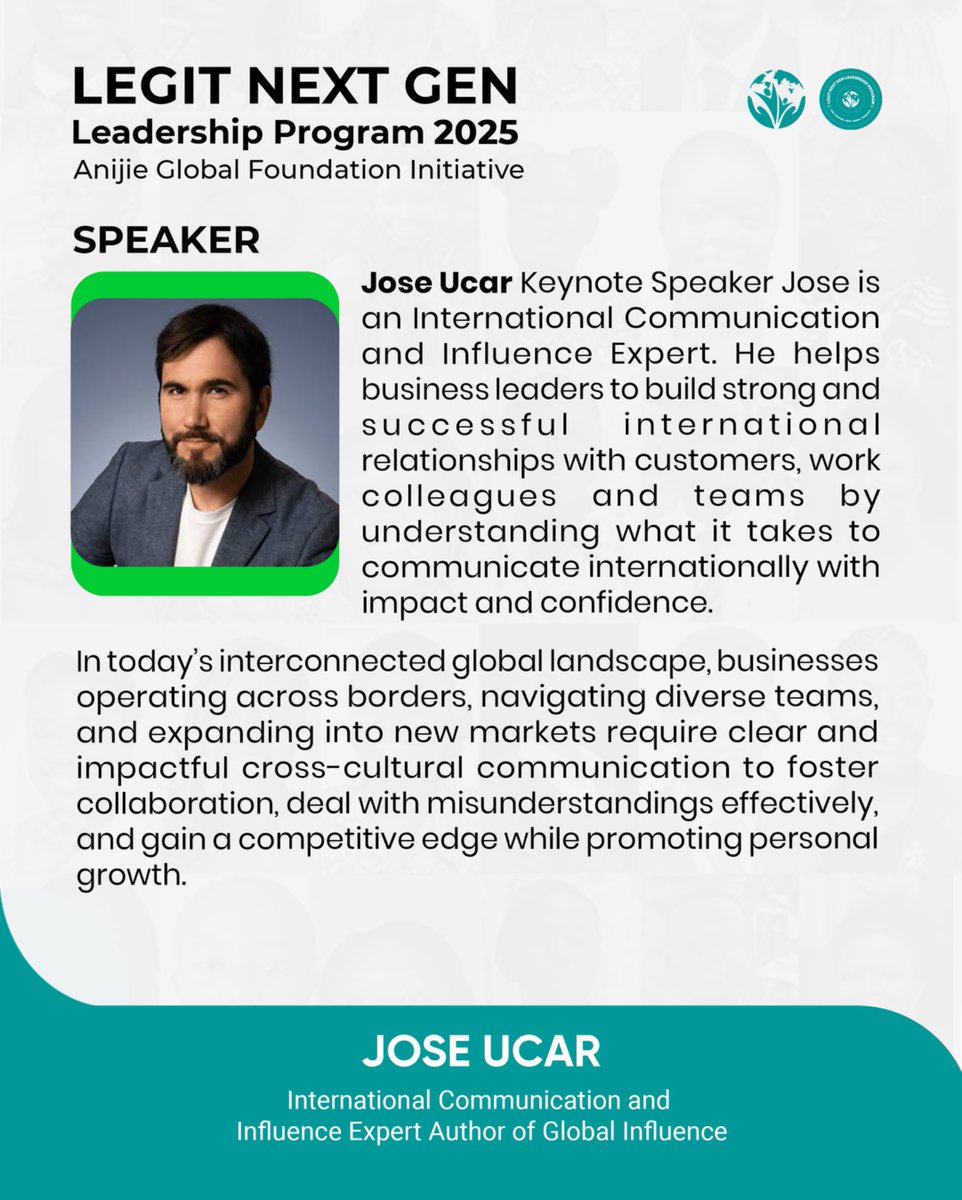 AnijieGlobal's tweet image. Our next #LEGITNGL Speaker ๐ค
Meet Jose Ucar- Communication & Influence Expert!
Speaking on "Finding Your Voice:
Communication Strategies for Change"
Game-changing skills for changemakers! ๐ช
#AnijieGlobalFoundation
#LEGITLeader #YouthLeadership #CommunicationSkills #Ghana