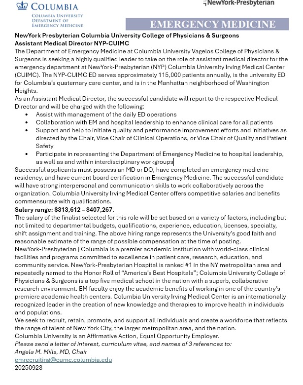 ColumbiaEM's tweet image. We are recruiting for an Assistant Medical Director at our NewYork Presbyterian Columbia Irving Medical Center Adult Emergency Department! #operations #administration #emergency
See link here: nyacep.org/OCC/#NYPC and the posting attached to learn more