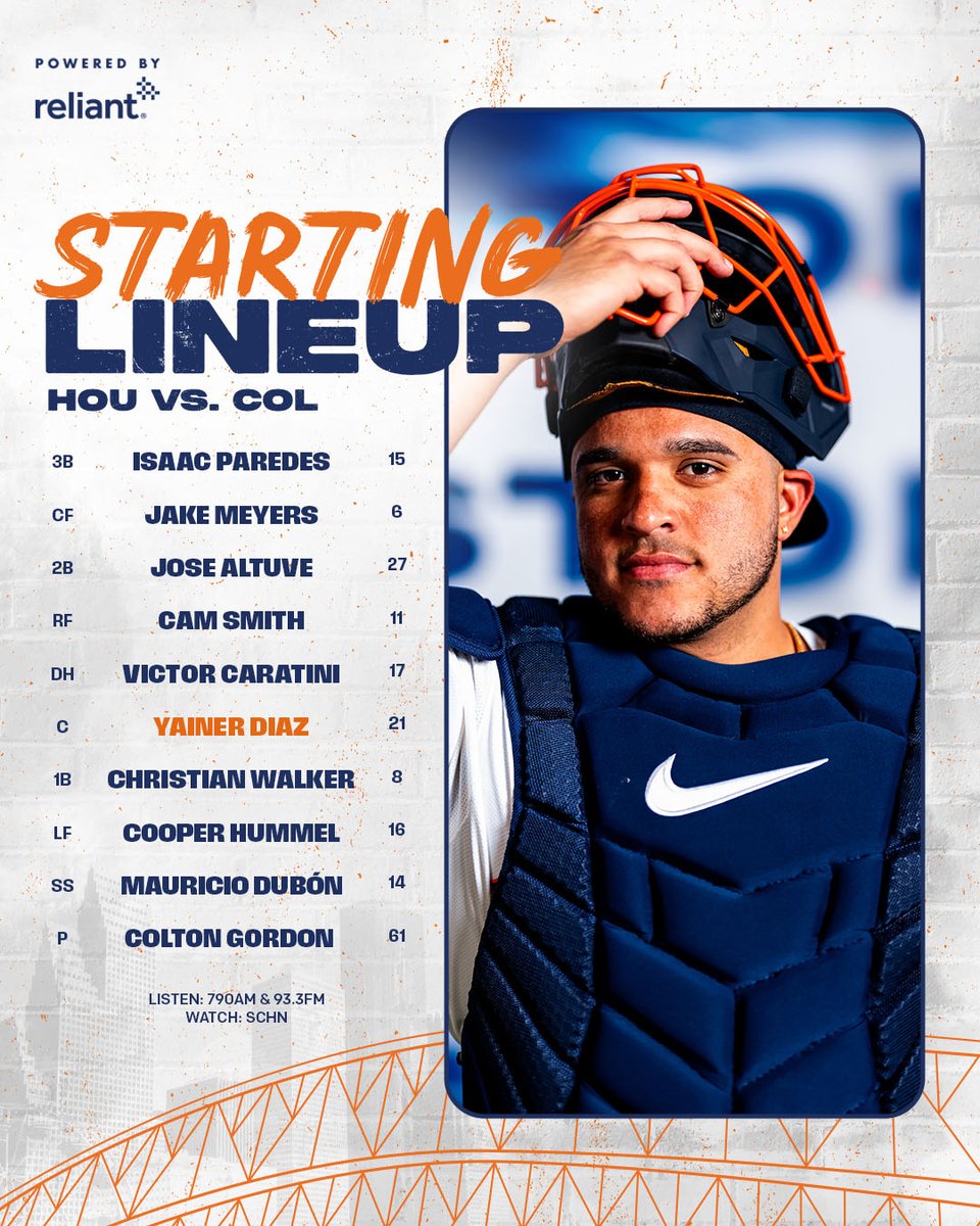 Houston Astros (@astros) on Twitter photo On Mountain Time.
⚾️: 7:40 PM CDT | 6:40 PM MDT
📺: <a href="/SpaceCityHN/">Space City Home Network</a>
🎙️: <a href="/SportsTalk790/">SportsTalk 790</a> | Spanish: 93.3 FM
#BuiltForThis x <a href="/reliantenergy/">reliantenergy</a> On Mountain Time.
⚾️: 7:40 PM CDT | 6:40 PM MDT
📺: <a href="/SpaceCityHN/">Space City Home Network</a>
🎙️: <a href="/SportsTalk790/">SportsTalk 790</a> | Spanish: 93.3 FM
#BuiltForThis x <a href="/reliantenergy/">reliantenergy</a>