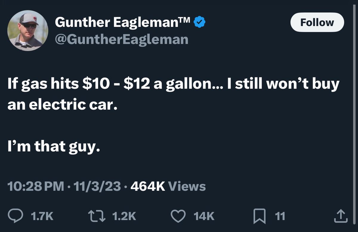 Sergio Rodriguez (Blue Checkmark) (@lyftgyft) on Twitter photo Imagine being this type of person… i sTilL wOnT bUy aN eLeCtRiC cAr. <a href="/GuntherEagleman/">Gunther Eagleman™</a> you are a 🤡 Imagine being this type of person… i sTilL wOnT bUy aN eLeCtRiC cAr. <a href="/GuntherEagleman/">Gunther Eagleman™</a> you are a 🤡