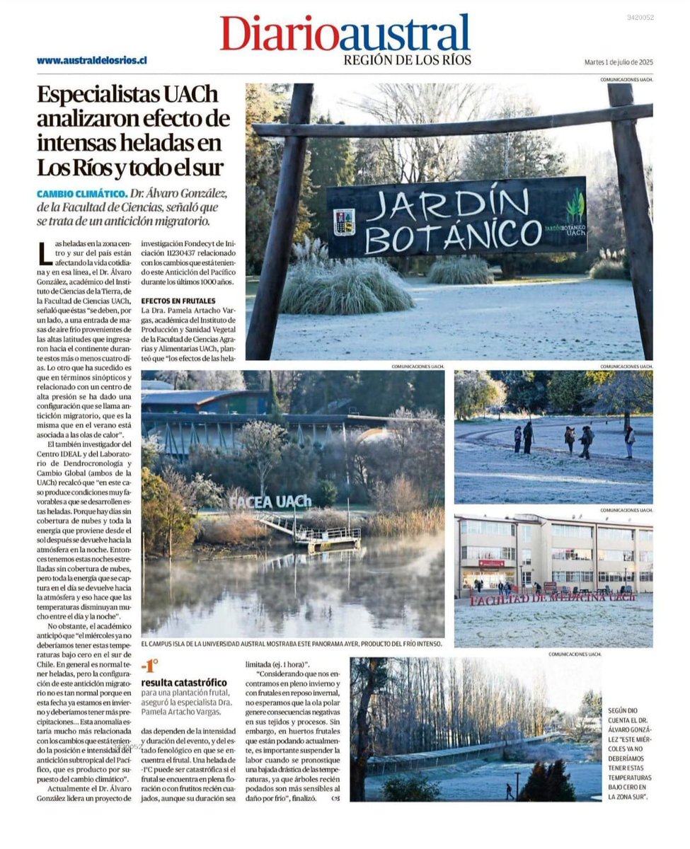 UAustraldeChile's tweet photo. Antes de finalizar la jornada compartimos publicación en el Diario  Austral de imágenes de la UACh en el día más helado en Valdivia y sur del país. 

@AgrariasUACh @cienciasuach @VinculacionUACh https://t.co/lSjvI6K3T1