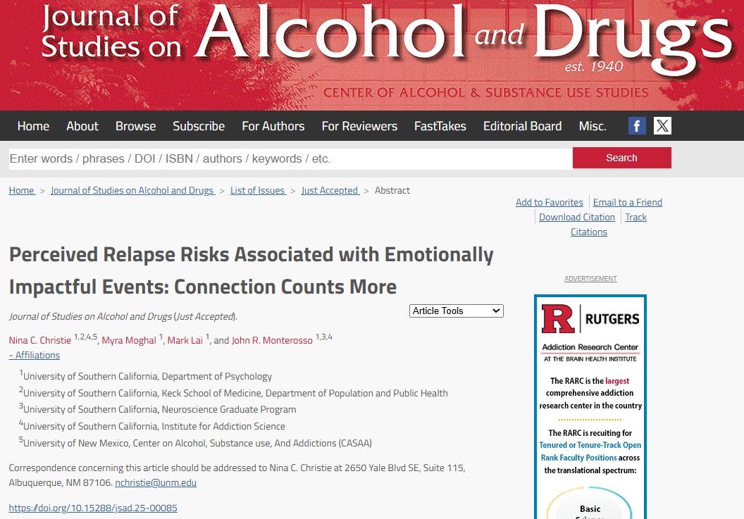 Journal of Studies on Alcohol and Drugs (@jsadjournal) on Twitter photo Perceived Relapse Risks Associated with Emotionally Impactful Events: Connection Counts More (just accepted in @JSADjournal)
<a href="/myramoghal/">Myra Moghal</a> <a href="/IASatUSC/">Institute for Addiction Science at USC</a> <a href="/uscpphs/">Population and Public Health Sciences at USC</a> <a href="/KECKSchool_USC/">Keck School of Medicine of USC</a> <a href="/USCNGP/">USC Neuroscience Graduate Program</a> <a href="/UNMCASAA/">Center on Alcohol, Substance use, And Addictions</a> <a href="/USCPsychology/">USC Psychology</a>
jsad.com/doi/abs/10.152… Perceived Relapse Risks Associated with Emotionally Impactful Events: Connection Counts More (just accepted in @JSADjournal)
<a href="/myramoghal/">Myra Moghal</a> <a href="/IASatUSC/">Institute for Addiction Science at USC</a> <a href="/uscpphs/">Population and Public Health Sciences at USC</a> <a href="/KECKSchool_USC/">Keck School of Medicine of USC</a> <a href="/USCNGP/">USC Neuroscience Graduate Program</a> <a href="/UNMCASAA/">Center on Alcohol, Substance use, And Addictions</a> <a href="/USCPsychology/">USC Psychology</a>
jsad.com/doi/abs/10.152…