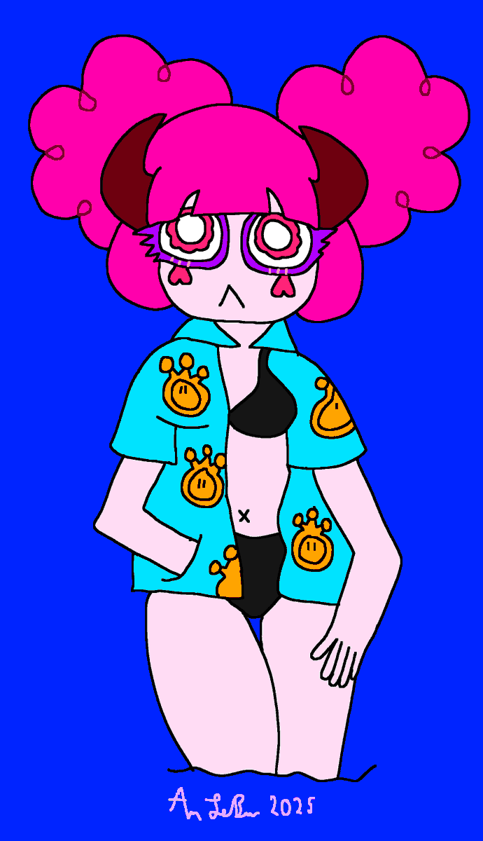 I was way overdue to draw this wicked cute imp OC named <a href="/chocovania/">𖤐chocoVania𖤐</a> I drew her wearing a bikini &amp; a Shine Sprite Hawaiian shirt. I hope you like this drawing I made just for you ChocoVania.