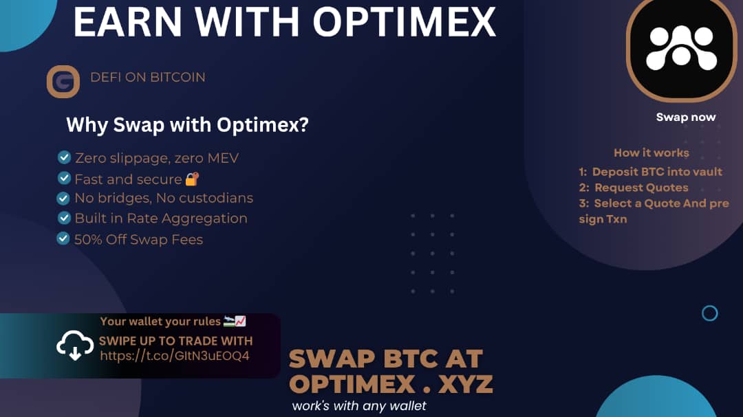 Still paying full swap fees? 🤧
Optimex is what you need🙂, a Defi swap that respects your Bitcoin.
<a href="/optimex_xyz/">Optimex</a>  is here to stay💯.
SWAP SMARTER, don't let crazy high fees eat your profit☹️, save 50% on every swap.
Your wallet your rules 😉