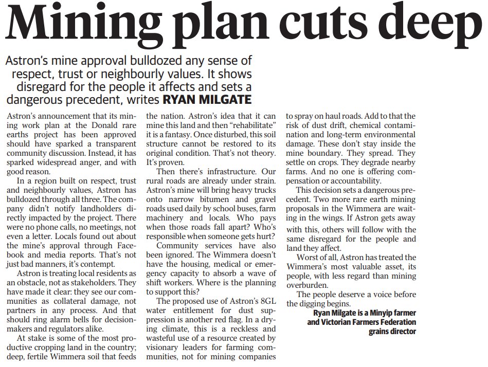 Victorian Farmers Federation (VFF) (@vicfarmers) on Twitter photo It's an all too familiar tale...impacted landholders in the way of big business have once again learnt their fate through media reports.
This time it's Donald's mine and VFF Grains Pres & local farmer <a href="/ryan_milgate/">Ryan Milgate</a> says enough is enough.
His view in today's <a href="/theweeklytimes/">The Weekly Times</a>👇 It's an all too familiar tale...impacted landholders in the way of big business have once again learnt their fate through media reports.
This time it's Donald's mine and VFF Grains Pres & local farmer <a href="/ryan_milgate/">Ryan Milgate</a> says enough is enough.
His view in today's <a href="/theweeklytimes/">The Weekly Times</a>👇