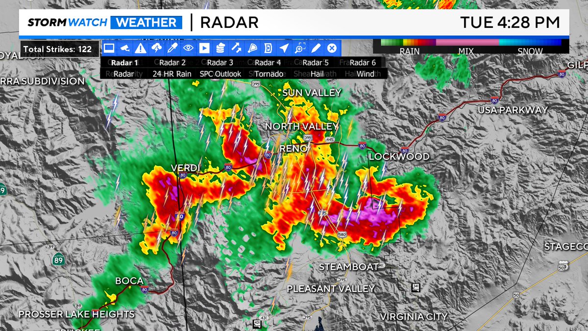 Strong thunderstorm rolling right over the Reno area this afternoon. This storm is producing heavy rain, dangerous lightning and small hail. Winds gusting up to 50 mph will be possible.
Strong thunderstorm rolling right over the Reno area this afternoon.