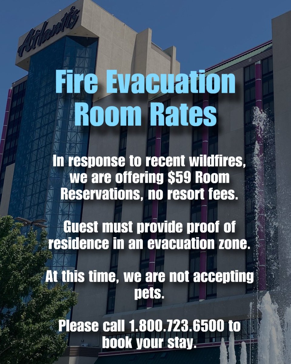 During this challenging time, your safety and comfort are our priority. If you've been impacted by the recent wildfires and need a safe place to stay, we're offering special rates for evacuees. 

Please call 1.800.723.6500 to book your discounted rate. We're here to help. 💙