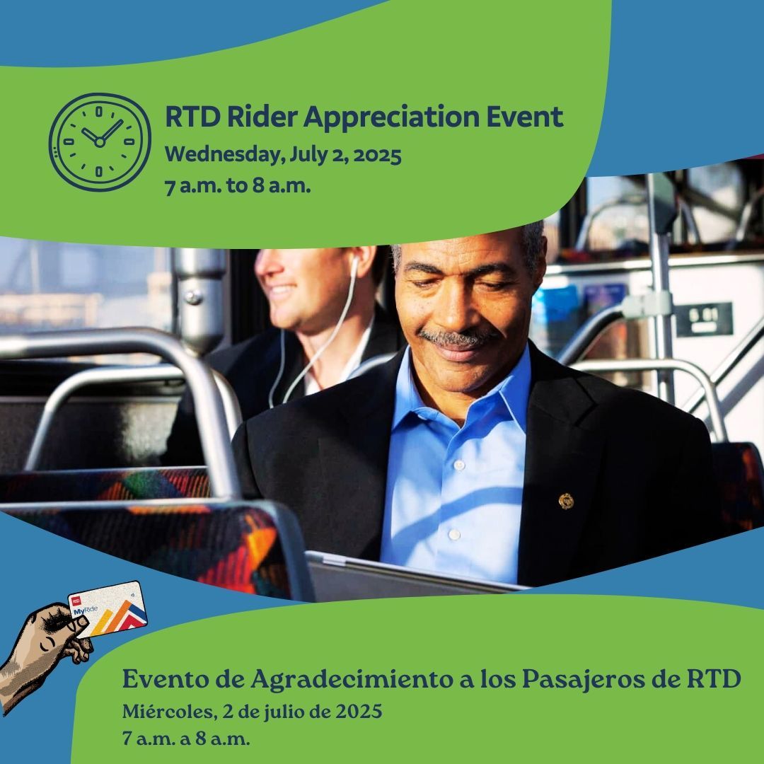 Mobility4AllBC's tweet image. 🚍 RTD Rider Appreciation!
Join us TOMORROW, July 2, 7–8 AM at US 36 & Sheridan Station!
Free ☕, snacks & smiles to thank our amazing riders! 🙌
👉 Like, tag a friend & follow!
#RTD #TransitLove #RiderAppreciation
