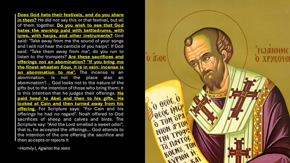 _abrahamos's tweet photo. Many have misrepresented the teachings of this great Saint. For when one reads his works more carefully this much is clear: 

St. John Chrysostom is Catholic and teaches Jews (among other non-Christians) worship God, albeit improperly. 
see examples below: https://t.co/M17Z3pi0NY