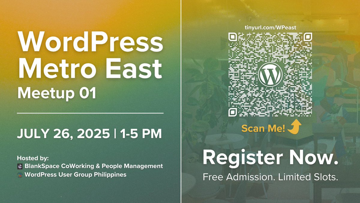 WPUGPH's tweet image. Registration for our WordPress Metro East, Manila Meetup is open!
Join us on July 26, 2025, at BlankSpace CoWorking, Marikina City. Learn how WordPress builds careers, businesses, & communities.
It's free, but spots are limited! Secure yours now👉
tinyurl.com/WPeast