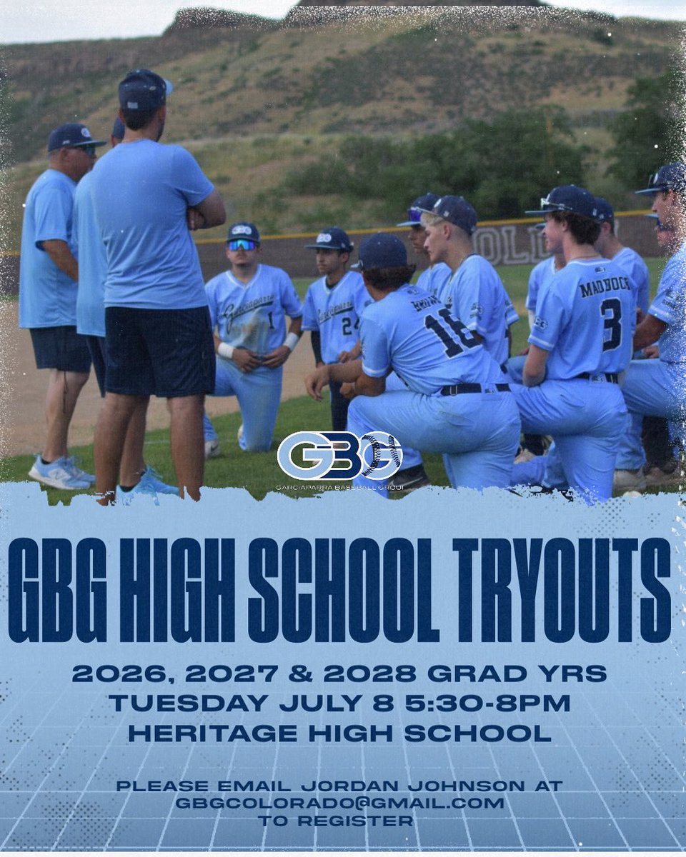 🚨GBG Colorado HS Tryouts🚨

GBG Colorado 2026, 2027 &amp; 2028 Teams.
Tuesday July 8th 5:30-8pm at Heritage HS

Competitive Fall schedule for all teams with mix of PG Fall National, WWBA, JUCO round robin and more.

Email gbgcolorado@gmail.com to register for tryouts.

#GBGColorado